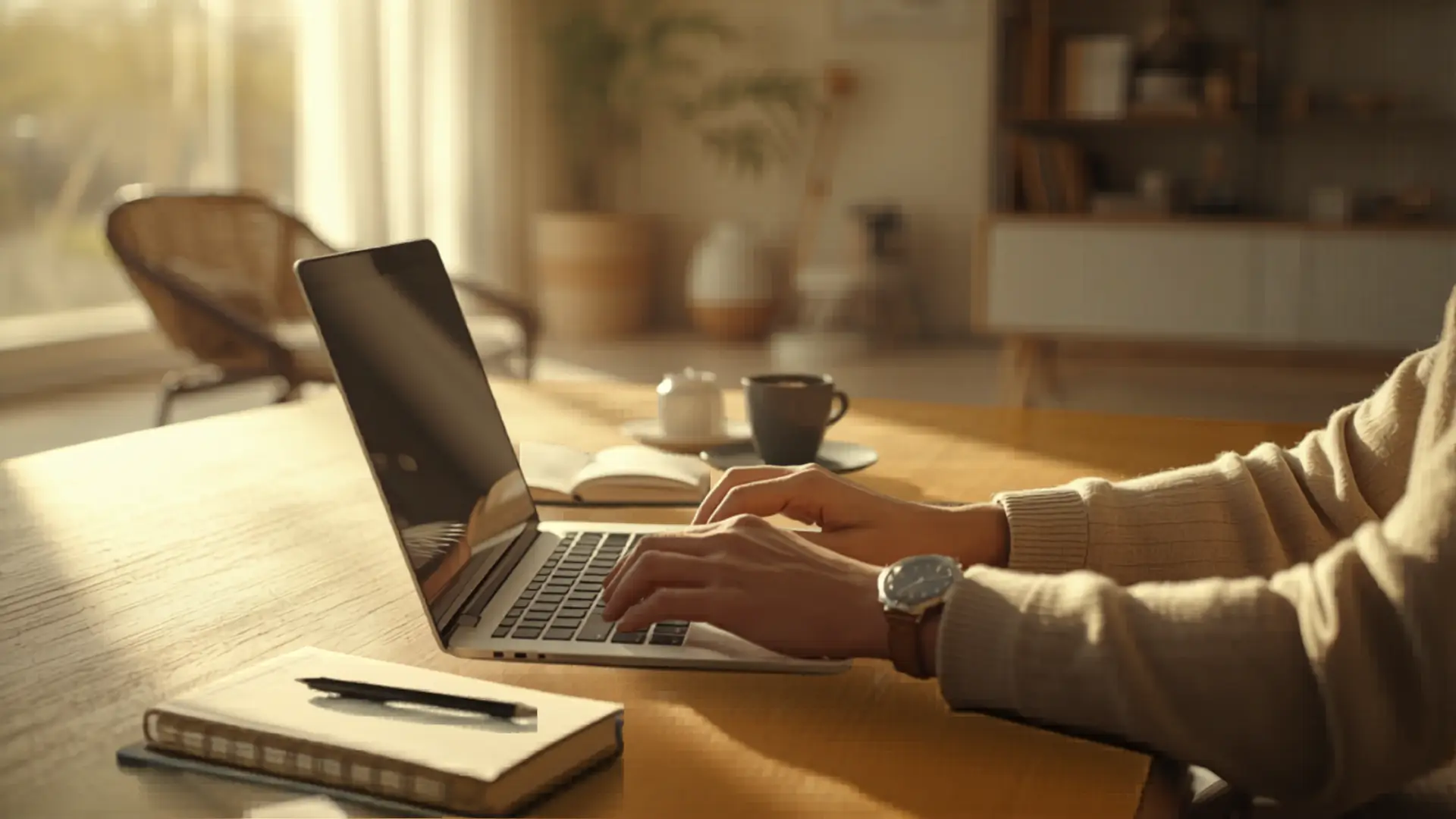 Hands typing on a laptop at a sunlit wooden desk beside a coffee cup and notebook